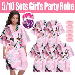 Party Favour 5/10Sets Spa Silky Robes Satin Kimono Kids Robe Birthday Squad Flower Girl Bath DIY Bathrobes With Headband