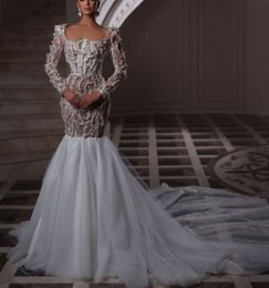 Exquisite Mermaid Wedding Dresses Long Sleeves V Neck Appliques Sequins Ruffles Diamonds Pearls Lace Train Floor Length Bridal Gowns Custom Made abiti da sposa