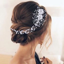 Ceramic Flowers Wedding Headbands for Bride Crystal Pearls Women Hairpins Bridal Headpiece Hair Jewelry