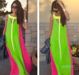 Fahion Chiffon Bright Colour Patchwork Casual Dresses Sleeveless Sundress Loose Long Dress