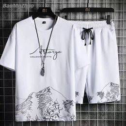Mens Tracksuits Summer Mens Tracksuit 2 Piece Set Fashion Casual Solid ShortSleeved TShirt and Shorts Sport Suit Breathable Man Clothing 230406