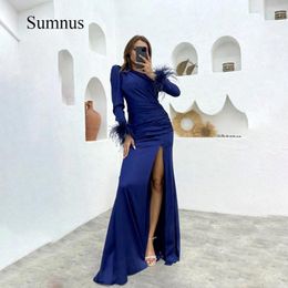 Party Dresses Sumnus Navy Blue Mermaid Evening Feather Long Sleeve Leg Split Pleated Spandex Sexy V Neck Prom Dress Floor Length