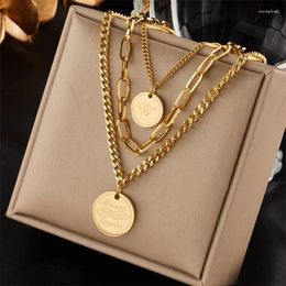 Chains 316L Stainless Steel Fashionable And Simple Multi-layer Retro Stacked Metal Engraved Circular Sign Pendant Necklace