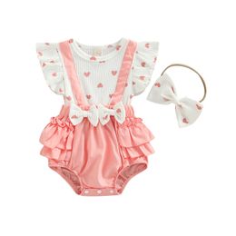 Rompers Baby girl Layette pink heart patterned fake two-piece jumpsuit and bow knot address 230406