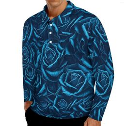 Men's Polos Blue Rose Floral Casual T-Shirts Man Vintage Flowers Long Sleeve Polo Shirts Collar Daily Graphic Shirt 3XL 4XL 5XL