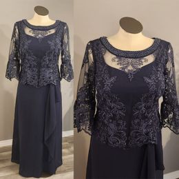 Dark Navy Plus Size Mother of the Bride Dresses with Jackets Modest Hot Sales Beads Chiffon Mothers Dress to wear to a wedding