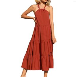 Casual Dresses Ladies Holiday Loose Beach Dress Hanging Neck Solid Color Suspender High Waist Long Skirt