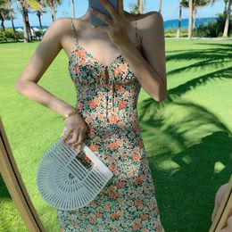 Casual Dresses 2023 Spring And Autumn Women Cottagecoredress Fashion Retro Small Floral Sexy Sling Dress Beach Skirt Clothing For