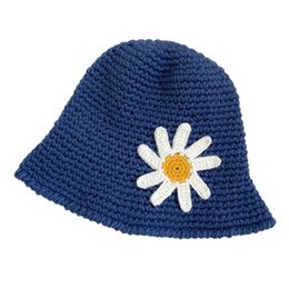 Wide Brim Hats Q1FA Women Chunky Crochet Knit Dome Bucket Hat Daisy Floral Round Top Fisherman Cap