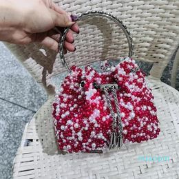 2023-Evening Bags Female Handmade Pearl Shoulder Tote Bag Trending Tassels Bucket Stone Purse Woman's Wedding Messenger Handbag