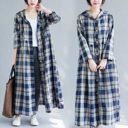 Women's Trench Coats Large Size Korean Casual Loose Long Sleeve Shirt Hooded Windbreaker 2023 Spring Fall Women Vinage Plaid CoatWomen's