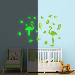 Wall Stickers Cute Cartoon Flamingo Leaf Luminous Glow In The Dark Stars Mural Decals Home Living Room Bedroom Bathroom Decor