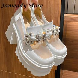 Dress Shoes String Bead Mesh Bling Platform Sweet Casual Pumps For Ladies Chunky Heel Square Toe Solid Slip On Loafers Lolita Mujer