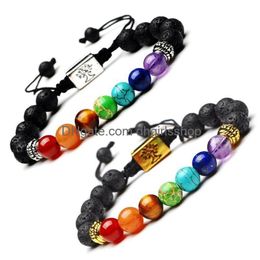 Other Home Garden Beaded Strands Yoga Handmade 7 Chakra Tree Of Life Charm Bracelets Lava Stones Beads Rope Black Volcanic Stone Bra Dhxpe