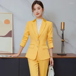 Women's Two Piece Pants Fashion Women Business Suits Blazer And Pant Set Ladies Work Jacket Beautician Office Uniform Design OL Yellow