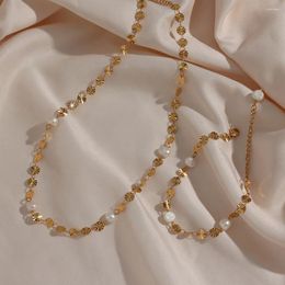Necklace Earrings Set Elegant Girl's Cute Lovey Freshwater Pearl Flower Sequins Chain Choker Gold Plated Stainless Steel Jewelry