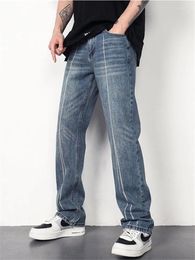 Men's Jeans High Street Y2K Striped Wash Straight Leg Pants With Button Pockets Loose Spring Summer Trousers A028