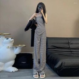 Women's Two Piece Pants Social Clothes Suit Black And White Stripe Irregular Strapless Top High Waist Wide Leg