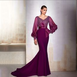 Purple Mermaid Evening Dresses V Neck Puffy Sleeve Formal Gowns Bow Tie Belt Satin Womens Special Ocn Dress 326 326