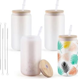 USA warehouse 16OZ Frosted Sublimation Tumblers with Bamboo Lid Easy To Sublimate Tumbler Blanks DIY for Iced Coffee Cups Gifts bb0408