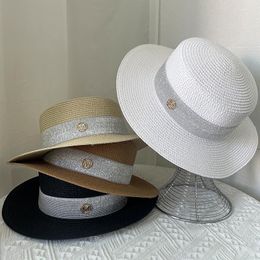 Wide Brim Hats Women Fashion Letters M Straw Summer Panama Jazz Flat Top Hat Simple Solid Colour British Fedoras Bowler Sun CapsWide Oliv22