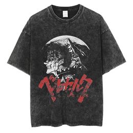 Men's T-Shirts Anime Berserk Printed Tshirt Black 100% Cotton Tshirts Guts Washed Retro T-Shirt Y2k Short-Sleeved Shirts Summer Streetwear Tops 230408