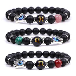 Charm Bracelets Evil Eye Twee Constellations Bracelet 8Mm Matted Black Rose Quartz Amethyst Tigers Agate Men Women Yoga Healing Nce Dr Dhgkw