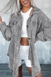 Women's Jackets Gray Vintage Distressed Mineral Wash Oversized Shacket Jacket For Women Autumn Long Sleeve Jeans Coat