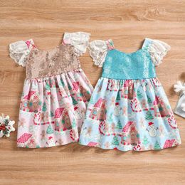 Girl Dresses Kids Christmas Sequins Dress Cartoon Print U-Neck Lace Patchwork Short Sleeve A-line Girls Xmas Party For 1-6 Year