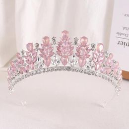 Hair Clips Luxury Silver Colour Pink Opal Bridal Tiaras Crowns Baroque Crystal Pageant Prom Diadem Bride Headbands Wedding Accessories