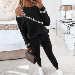 Women's Two Piece Pants 2023 Fashion Office Lady Slim Sets Casual Long Sleeve Outfits Sexy Diamond Off Shoulder Top Drawstring Suits