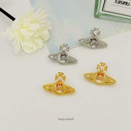 vivian Earrings Western Empress Dowager Vivian Gold Silver Hollow Saturn Hanging Movable Sparkling Diamond Zircon with High Quality and Low Profile Design
