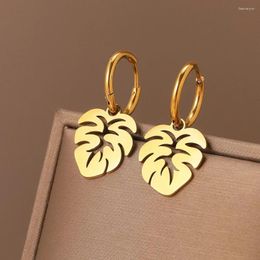 Hoop Earrings Stainless Steel Tropical Plant Leaves Pendants Retro Glossy Aesthetic Fashion For Women Jewellery Girl