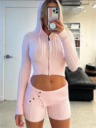Women's Tracksuits WJFZQM Women Hooded Zip-up Long Sleeve Crop Tops Stacked Button Skirts Female Basic Concise Suits Casual Crochet 2 Piece