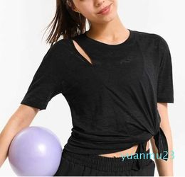 Spli Back Hollow Ou Women's Yoga Tops Quick Drying Breahable Casual Spors Blouse Running Fiess Loose Thin Shor Sleeve