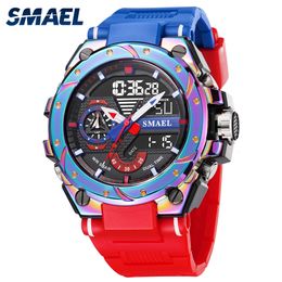 Wristwatches Quartz Watch For Men SMAEL Wristwatches Watcholorful Red Bracelet 50M Waterproof Alarm Clock Analogue Digitals 8060 Sport Watches 230407