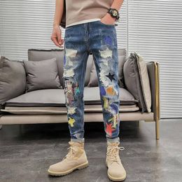 Korean Style Fashion Men Jeans Embroidery Patch Designer Ripped Stretch Pencil Pants Streetwear Elastic Hip Hop 220328