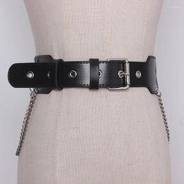 Belts Women's Runway Fashion Black Genuine Leather Chain Cummerbunds Female Dress Corsets Waistband Decoration Wide Belt TB386
