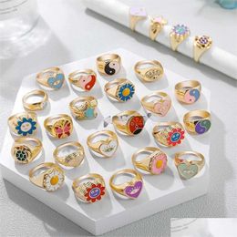 Band Rings Band Rings Aesthetic Colorf Evil Eyes Love Heart For Women Sweet Sunflower Drip Oil Enamel Metal Finger Couple Je Dhgarden Dhqpy