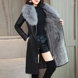 Women's Trench Coats 2023 Style Slimming Waist Faux Leather Jacket Big Fur Collar Winter Women Plus Velvet Thick Mid-length