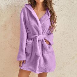 Women's Sleepwear Soid Colour Warm Winter Robes For Ladies 2023 Plush Pyjamas With Belt Women Hooded Homewear Bathrobe