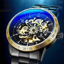 Wristwatches IK Fashion Automatic Mechanical Watch Double Side Skeleton Cool Blue Mirror Men's Watches Luminous Top