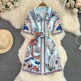 Casual Dresses High Quality Flower Vintage Print Runway Summer Dress Women Short Sleeve Front Zipper Up Floral Belt A-Line Mini Vestidos 2023