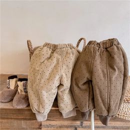 Брюки зимние для маленьких детей, утепленные брюки в горошек, корейский стиль, с хлопковой подкладкой, детские теплые повседневные брюки 231108