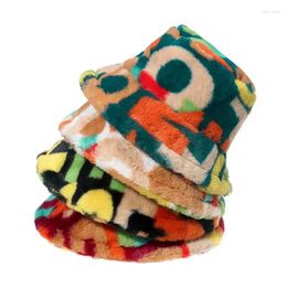 Berets European American Style Women's Fisherman Hat Cross-border Faux Fur Painting Coloured Letter Print Warm Winter Luxury Bucket