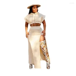Work Dresses STYLISH LADY Flare Sleeve Hooded Crop Top And High Split Maxi Skirt Set 2023 Spring Casual Streetwear All Match 2 Piece Outfits