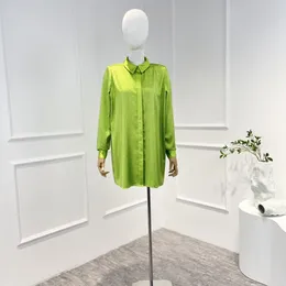 Women's Blouses 2023 Autumn Winter Top Quality Vintage Green Diamonds Glued Long Sleeve Loose Blouse Women Clothing