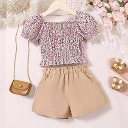 Clothing Sets Casual Floral Puff Sleeve Top Khaki Shorts Suit Children Summer Print Tops Clothes Temperament Trends Outfit For Girls