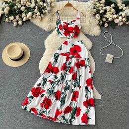 Two Piece Dress Summer Runway Sicily Floral Matching Outfits Women's Short Spaghetti Strap Crop Top Long Maxi Vacation Skirt 2 Piece Set 2023
