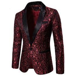 Men s Suits Blazers Gold Jacquard Bronzing Floral Suit Mens Single Button Jacket Wedding Dress Party Stage Singer Costume 230407